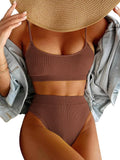 High Waisted Tummy Control Ribbed Bikini Crop Top Set (Style V13L)