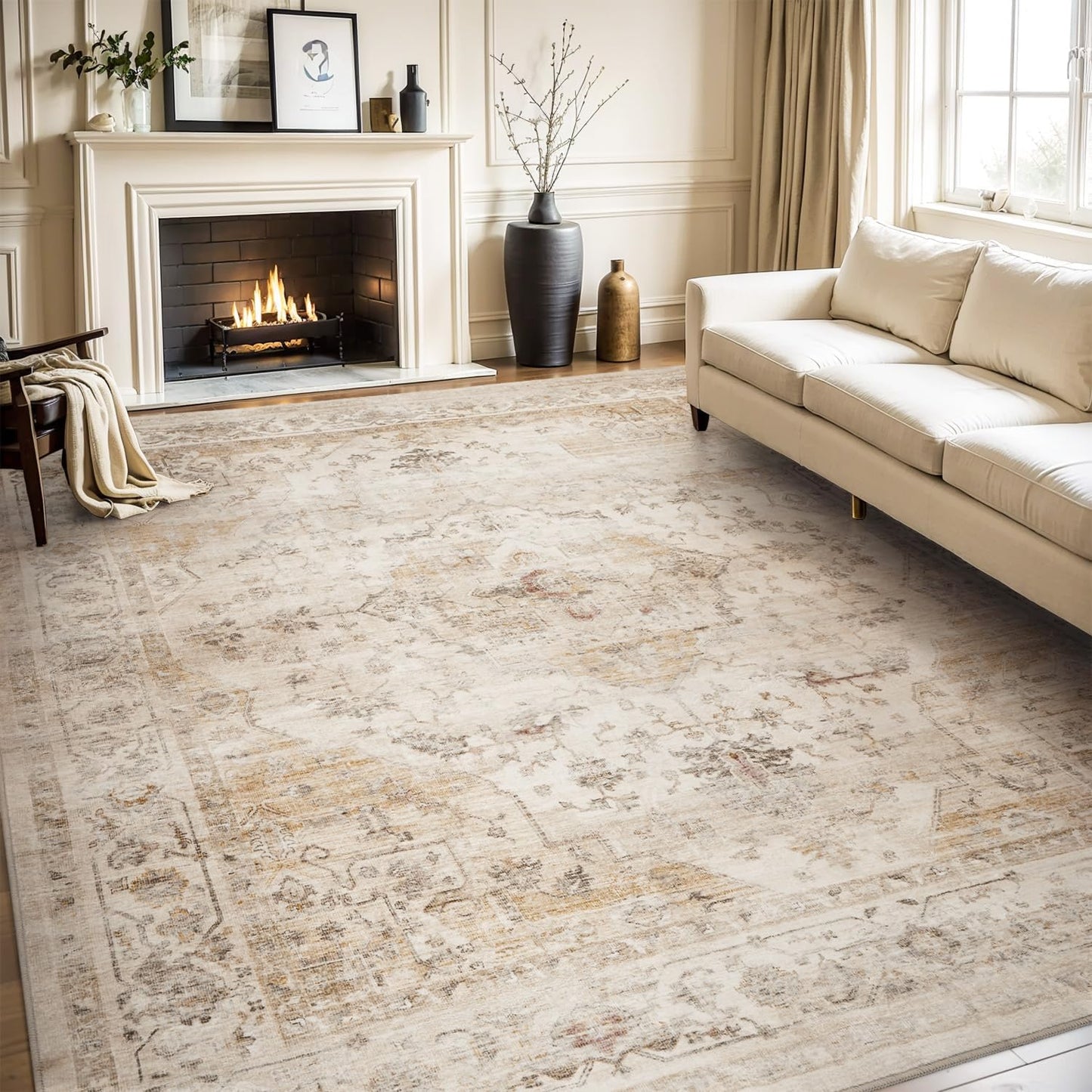 Soft Vintage Beige Area Rug 5X7 for Living Room and Bedroom
