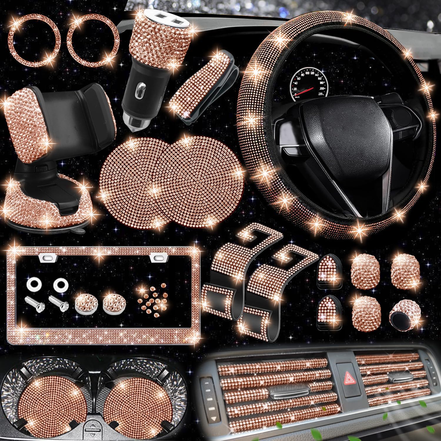Bling Car Accessories Set for Women - 27 PCs Gold Champagne