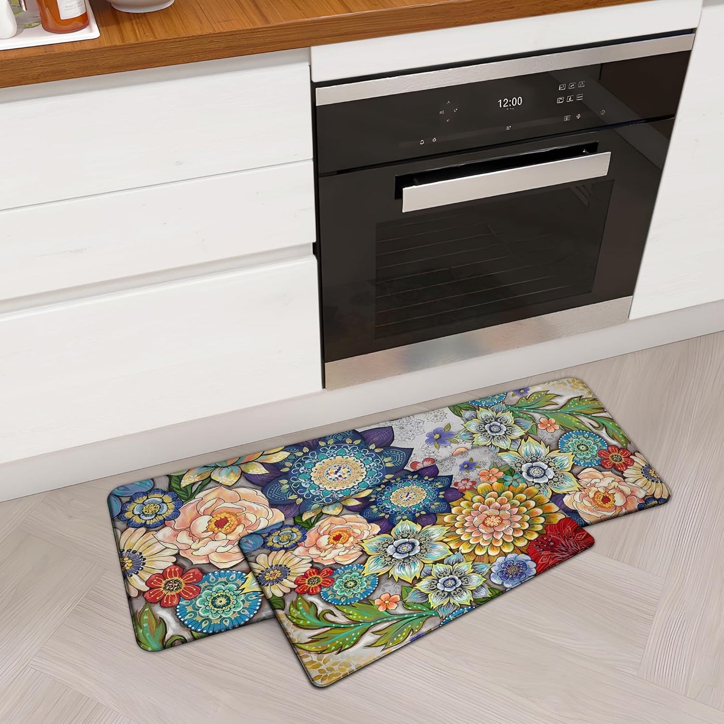 Boho Floral Kitchen Rugs Mats for Floor - Cushioned Comfort Set