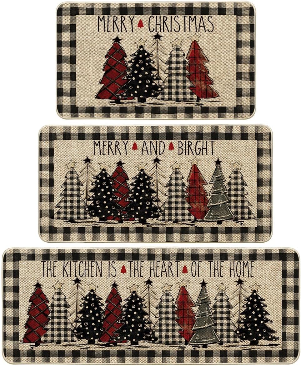 Buffalo Plaid Xmas Tree Kitchen Mats Set of 3 for Home Decor