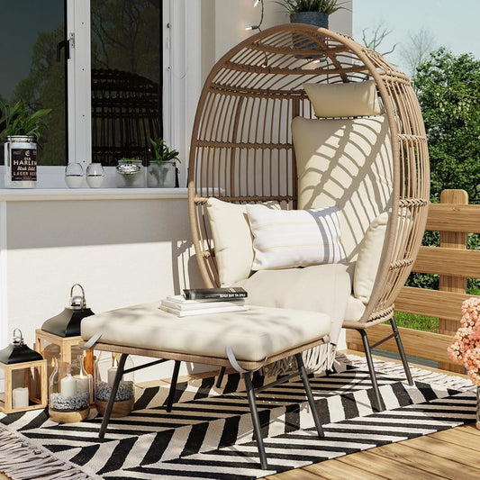 Oversize Wicker Egg Chair with Ottoman for Indoor Outdoor Use
