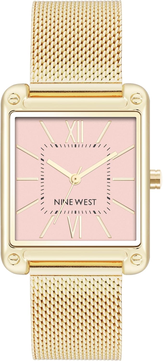 Nine West Women's Mesh Bracelet Watch with Pink Dial and Gold-tone