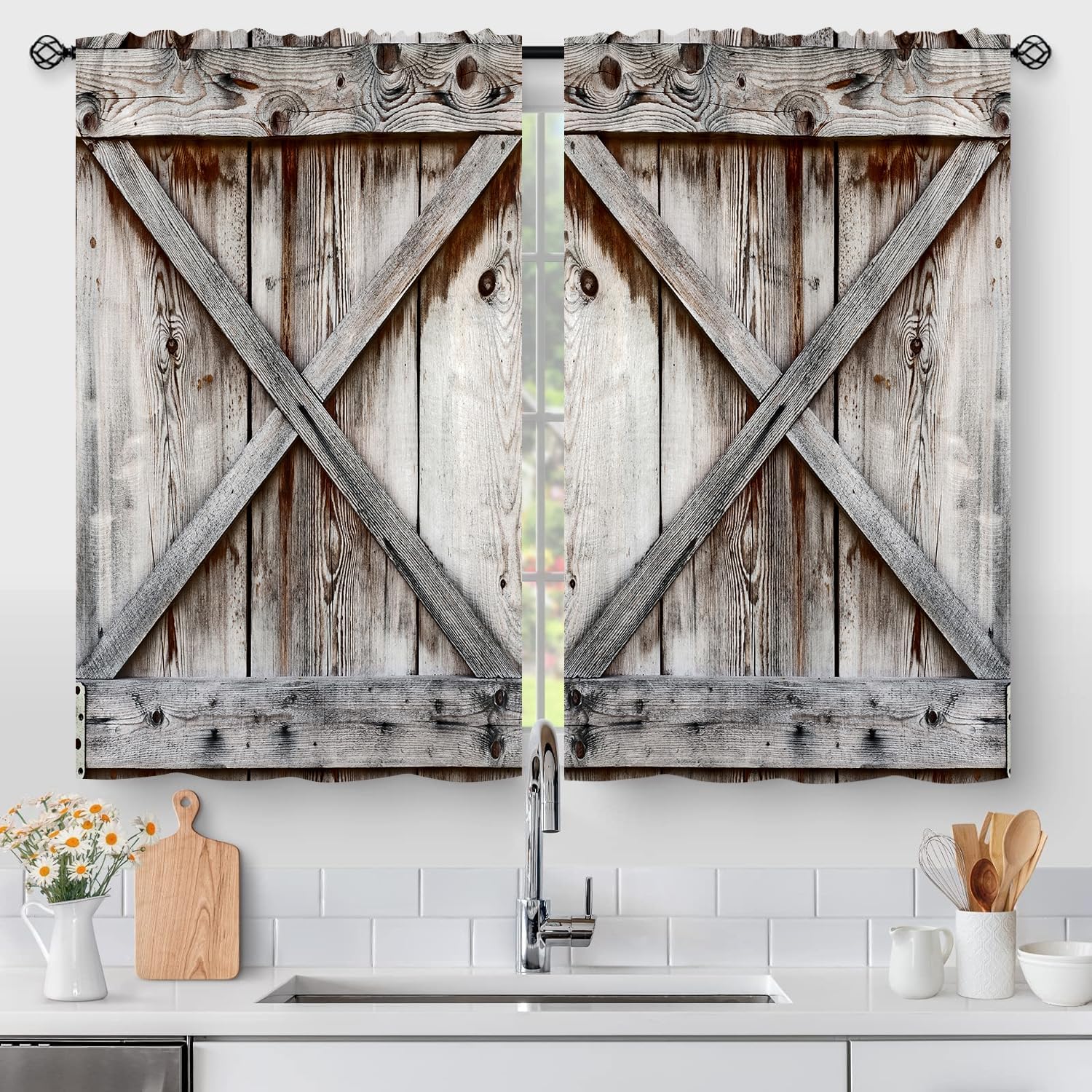 Rustic Grey Barn Door Kitchen Curtains - Farmhouse Chic! 2 Panels 36x28