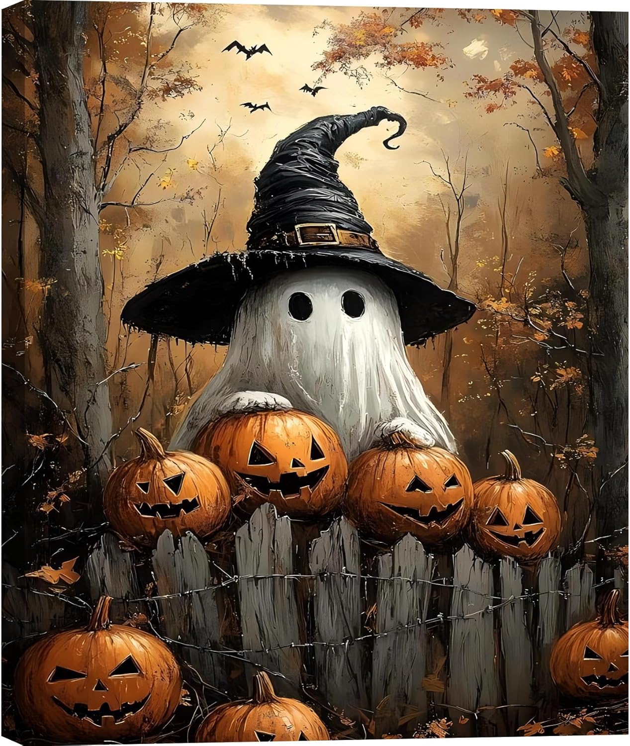 Ghost Wearing Witch Hat Canvas Wall Art for Spooky Decor