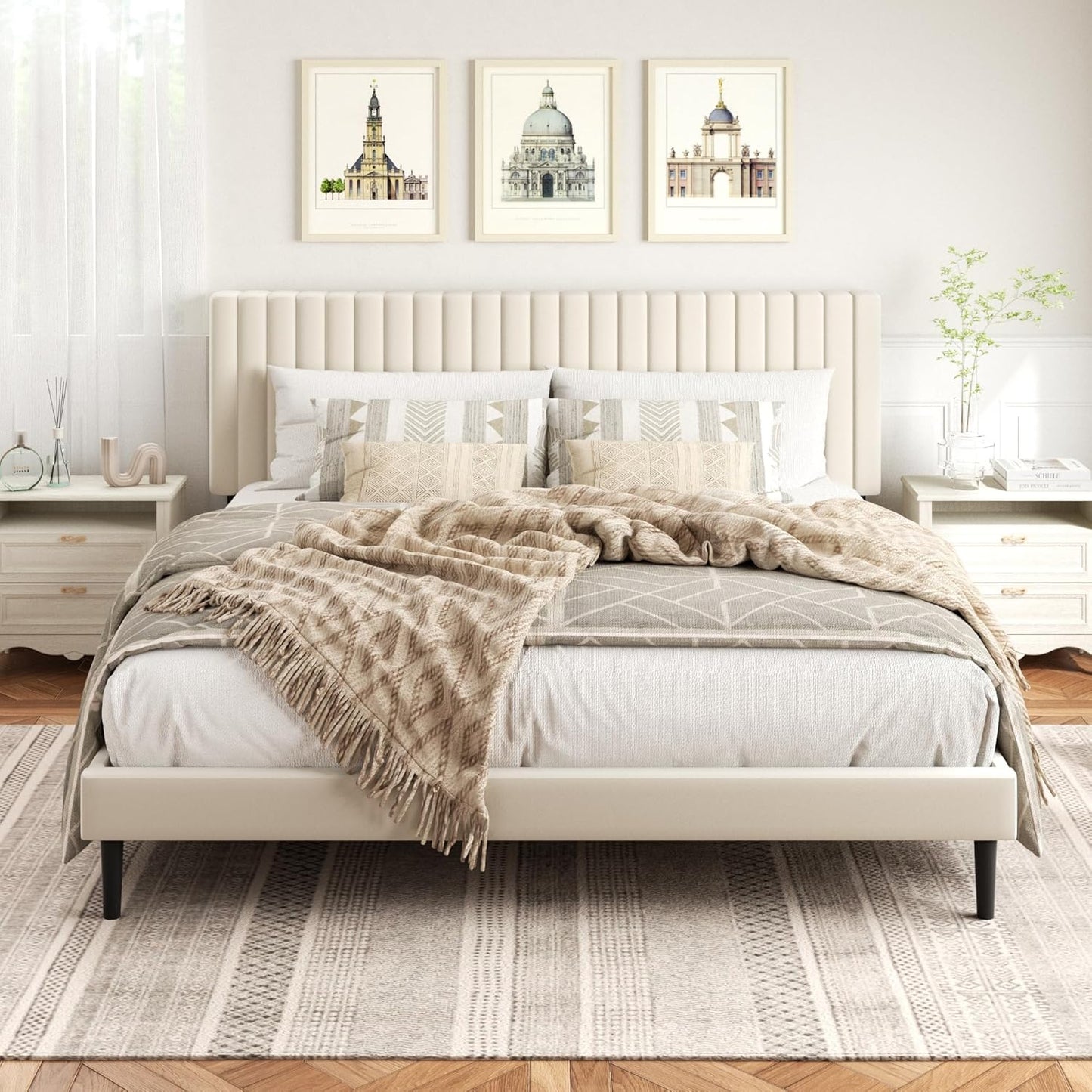 King Size Bed Frame with Velvet Upholstered Headboard for Comfort
