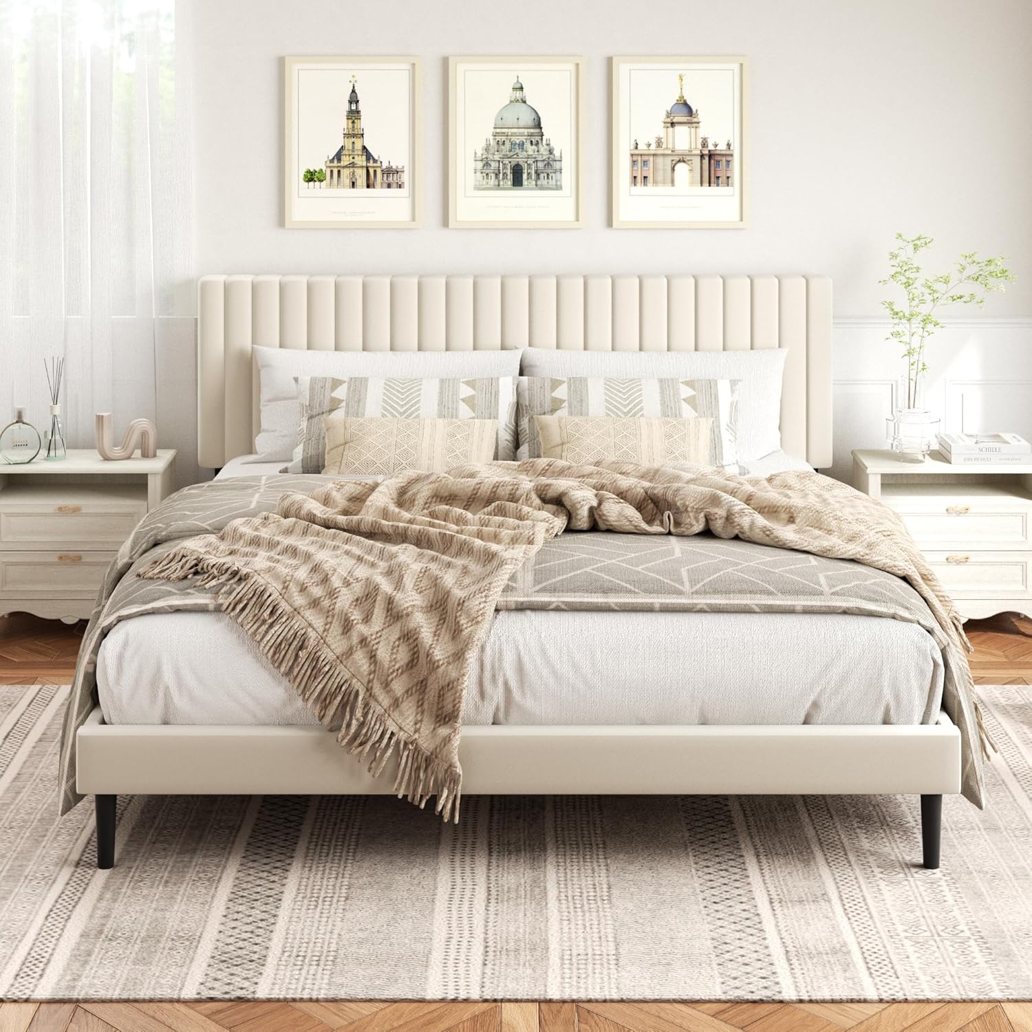 King Size Bed Frame with Velvet Upholstered Headboard for Comfort