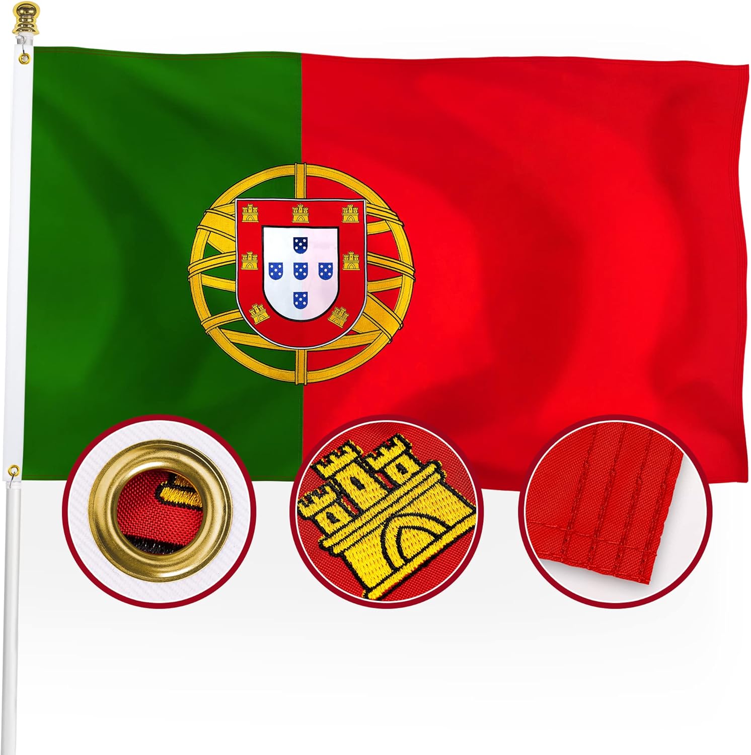 Premium Portugal Flag 3x5 Outdoor, Double Sided Embroidered