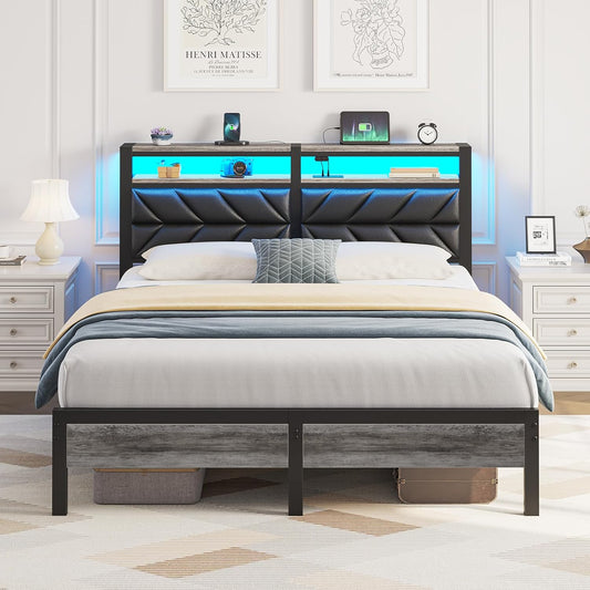 Seventable Queen Size Bed Frame with Charging Station and LED