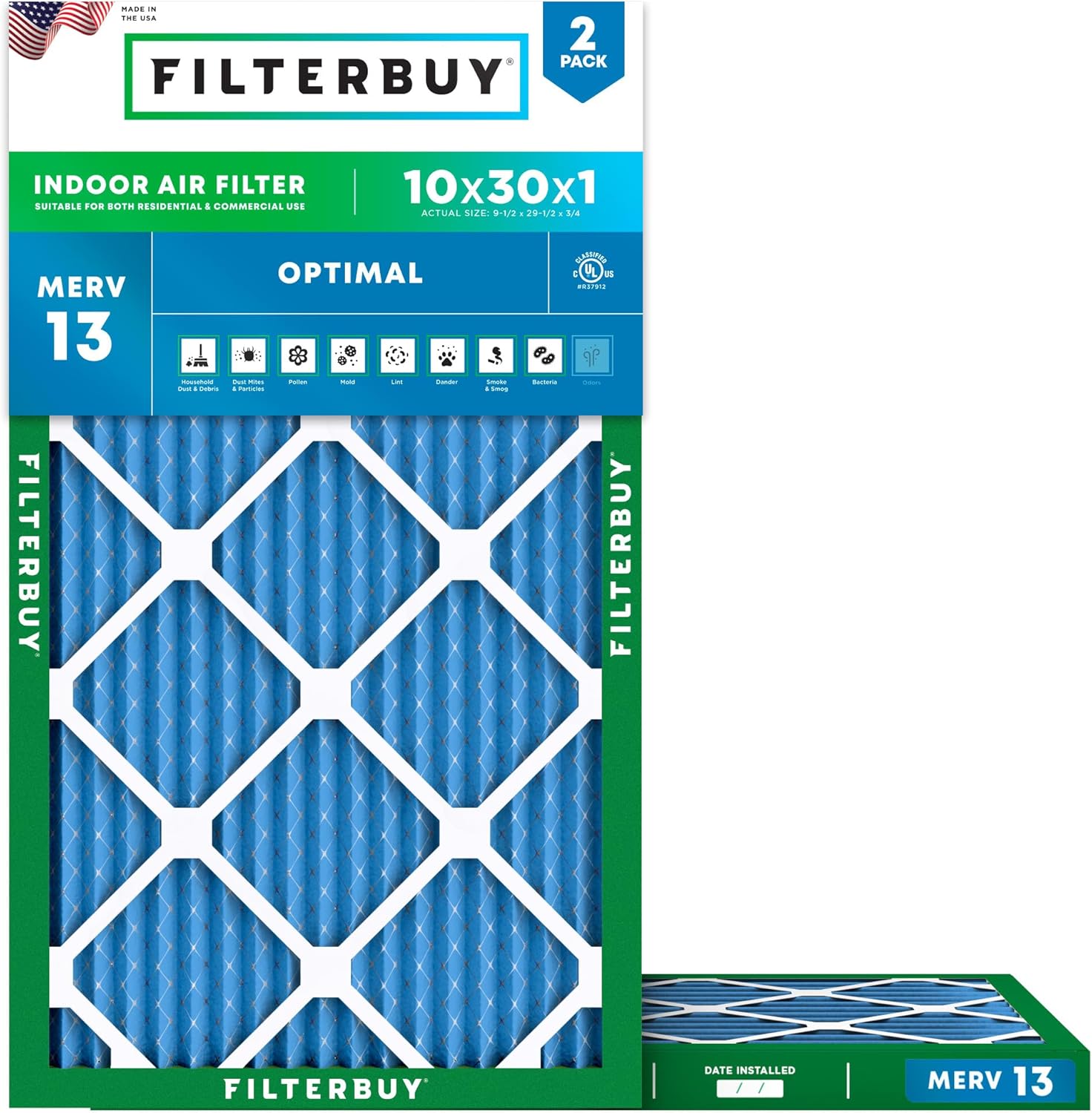 Filterbuy 10x30x1 Air Filter MERV 13 for Smoke & Allergy Defense