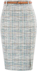 Tweed Pencil Skirt Knee Length High Waisted Skirt with Slit - Elegant