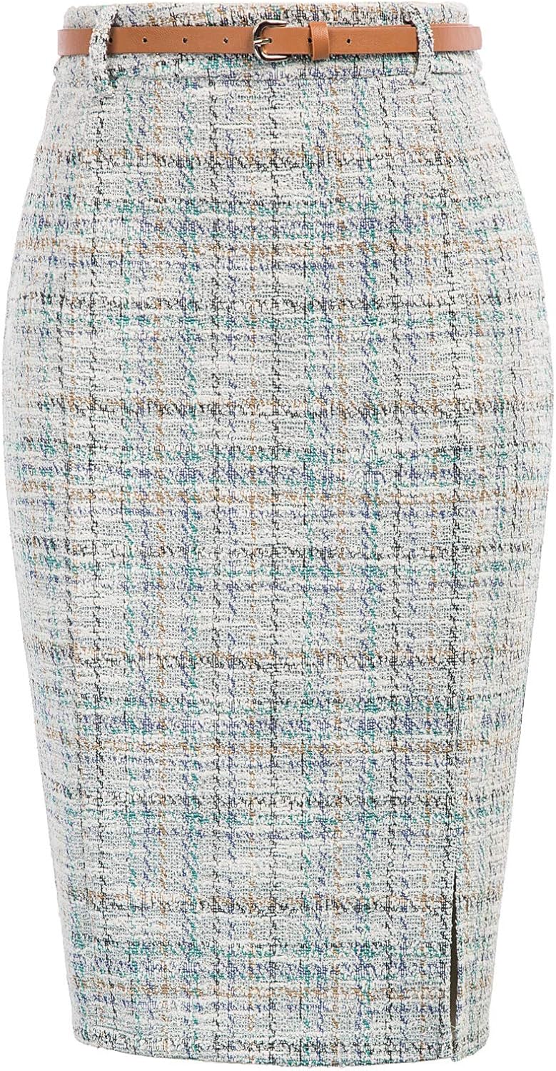 Tweed Pencil Skirt for Women with Slit and Belt - Elegant Style