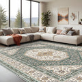 10x14 Washable Vintage Rug Green - Stain Resistant Low-Pile Area Rug