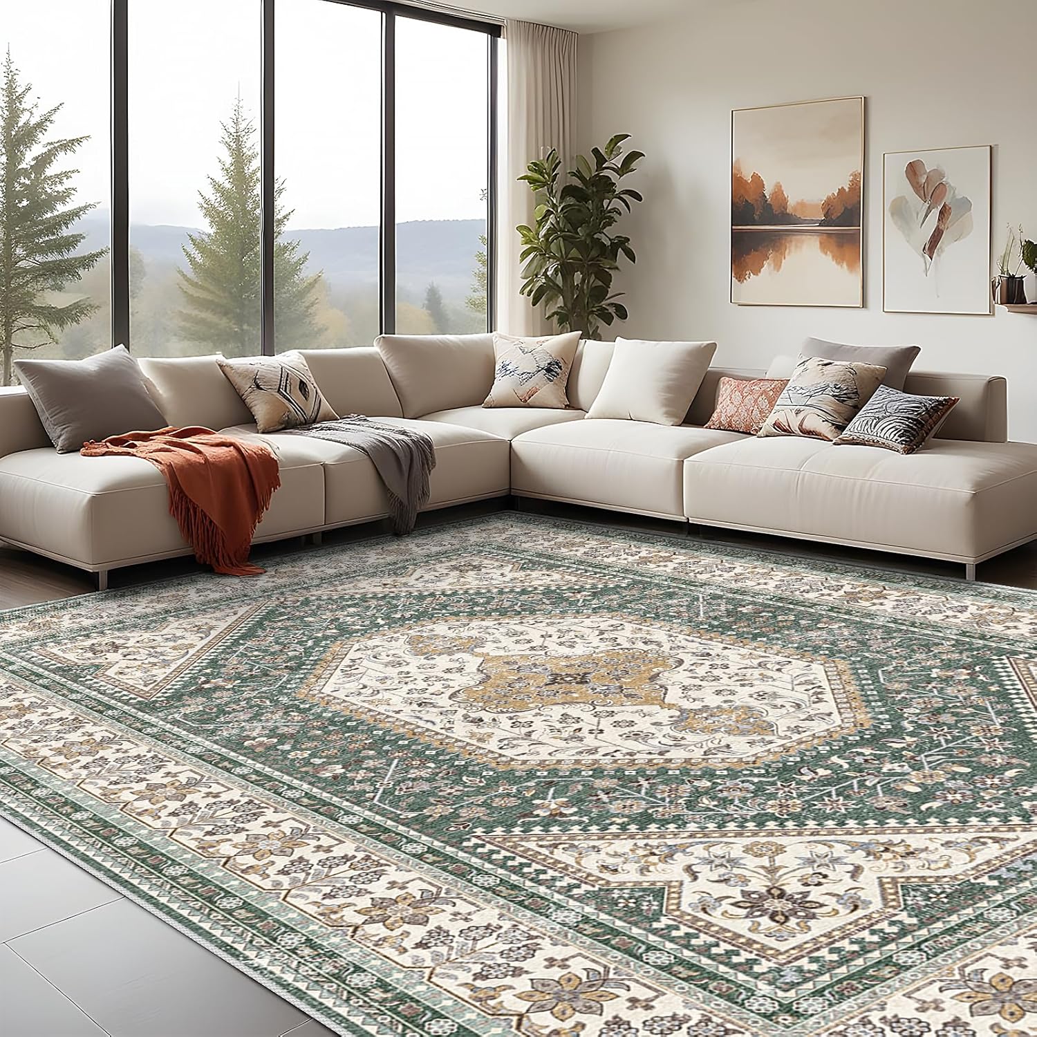 10x14 Washable Vintage Rug for Living Room and Bedroom Decor