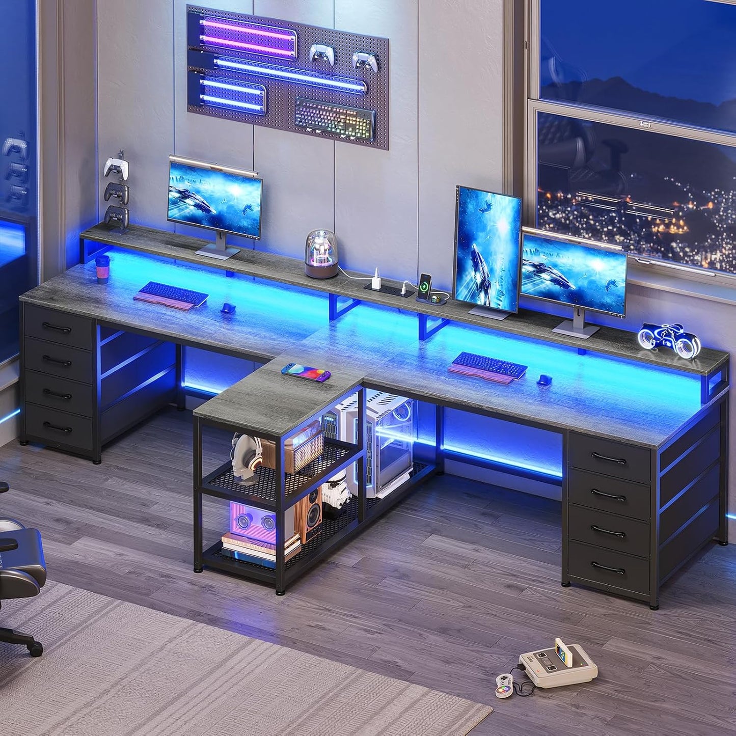 SEDETA 94.5 Inch 2 Person Gaming Desk with LED Lights & Storage
