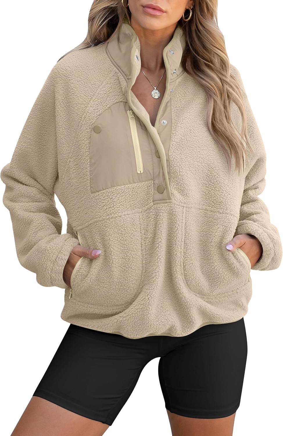 Fuzzy Fleece Pullover Sherpa Sweatshirt with Pockets for Women