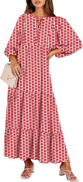 Womens Boho Maxi Dress V Neck Puff Sleeve - Flowy Tiered Summer Dress