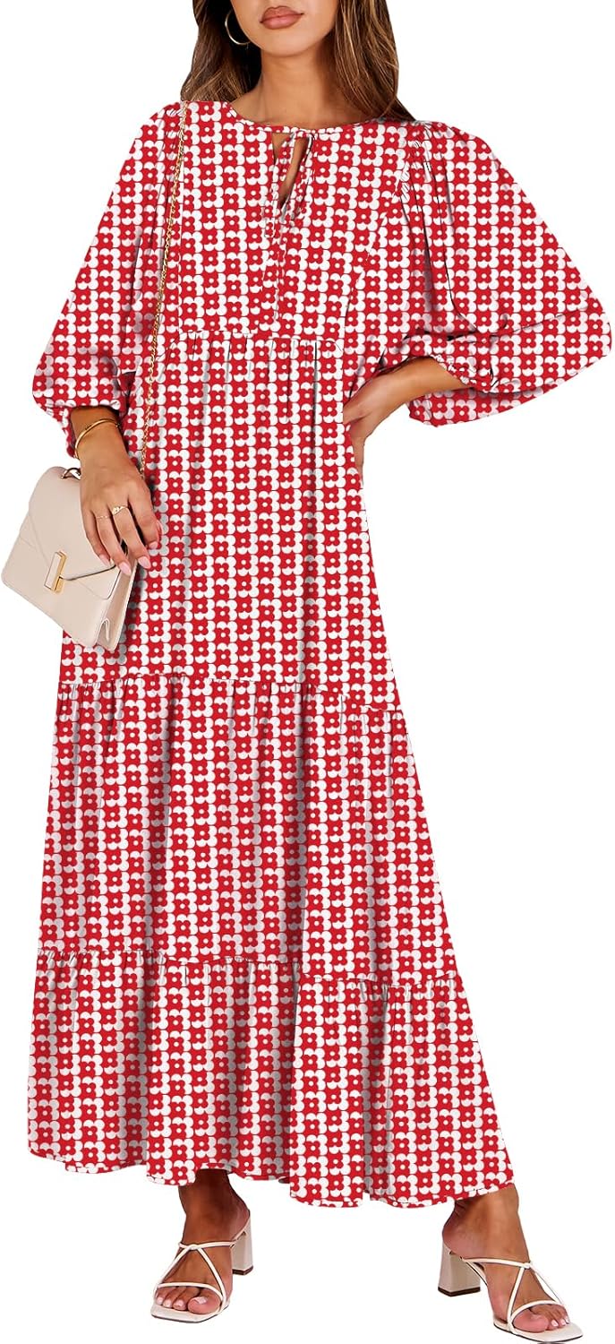 Boho Maxi Dresses for Women - Floral V Neck Puff Sleeve Style