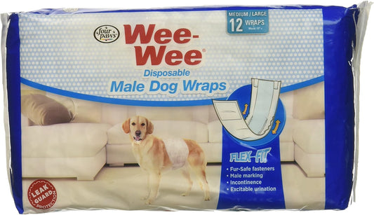 Strong Odor Control: 36-Pack Disposable Male Dog Wraps, Medium/Large, Four Paws