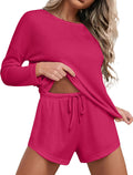 Ekouaer Womens Waffle Knit Pajama Set Long Sleeve Top and Shorts