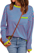 Womens Striped Soft Knit Pullover Sweater with Chest Pocket - Loose