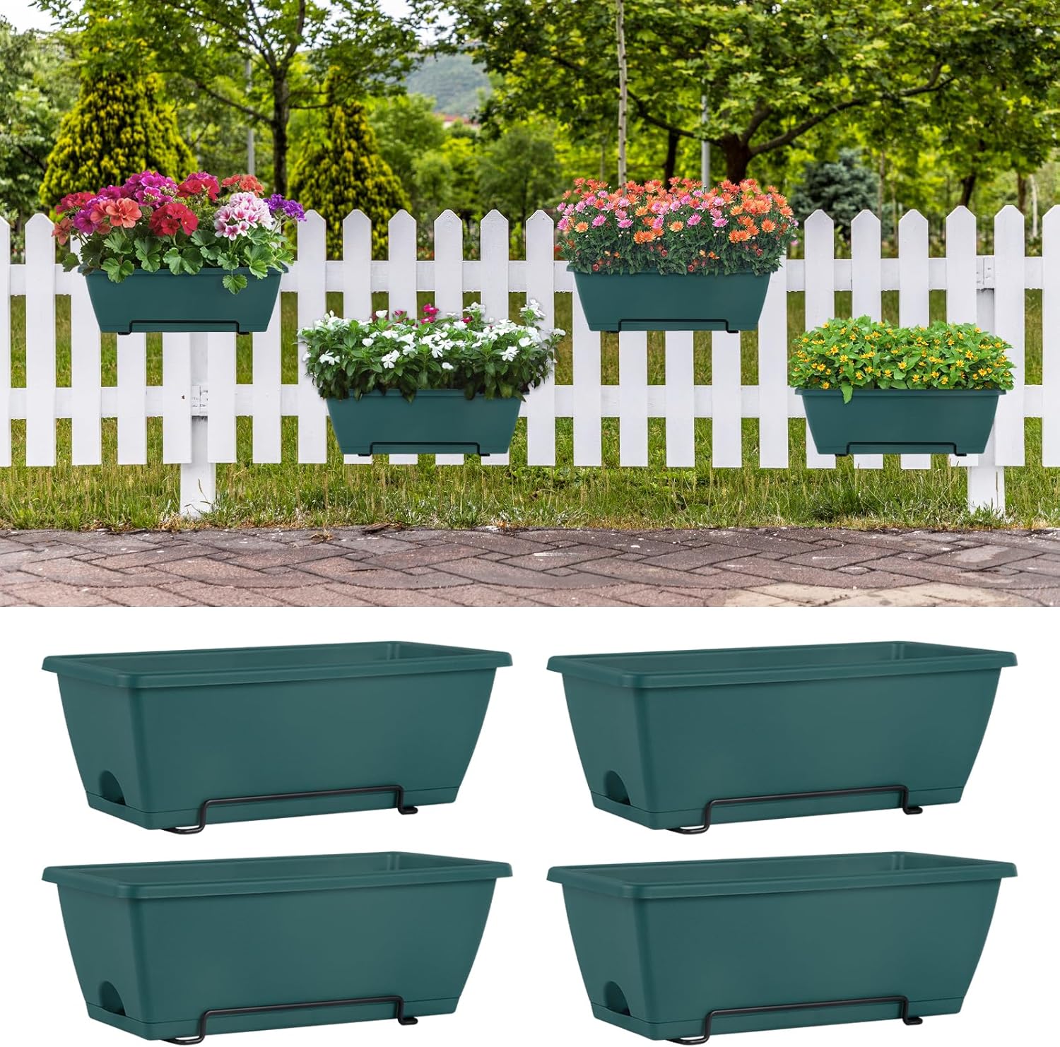 Railing Planter Boxes for Outdoor Plants - 4 Pack Green Planters