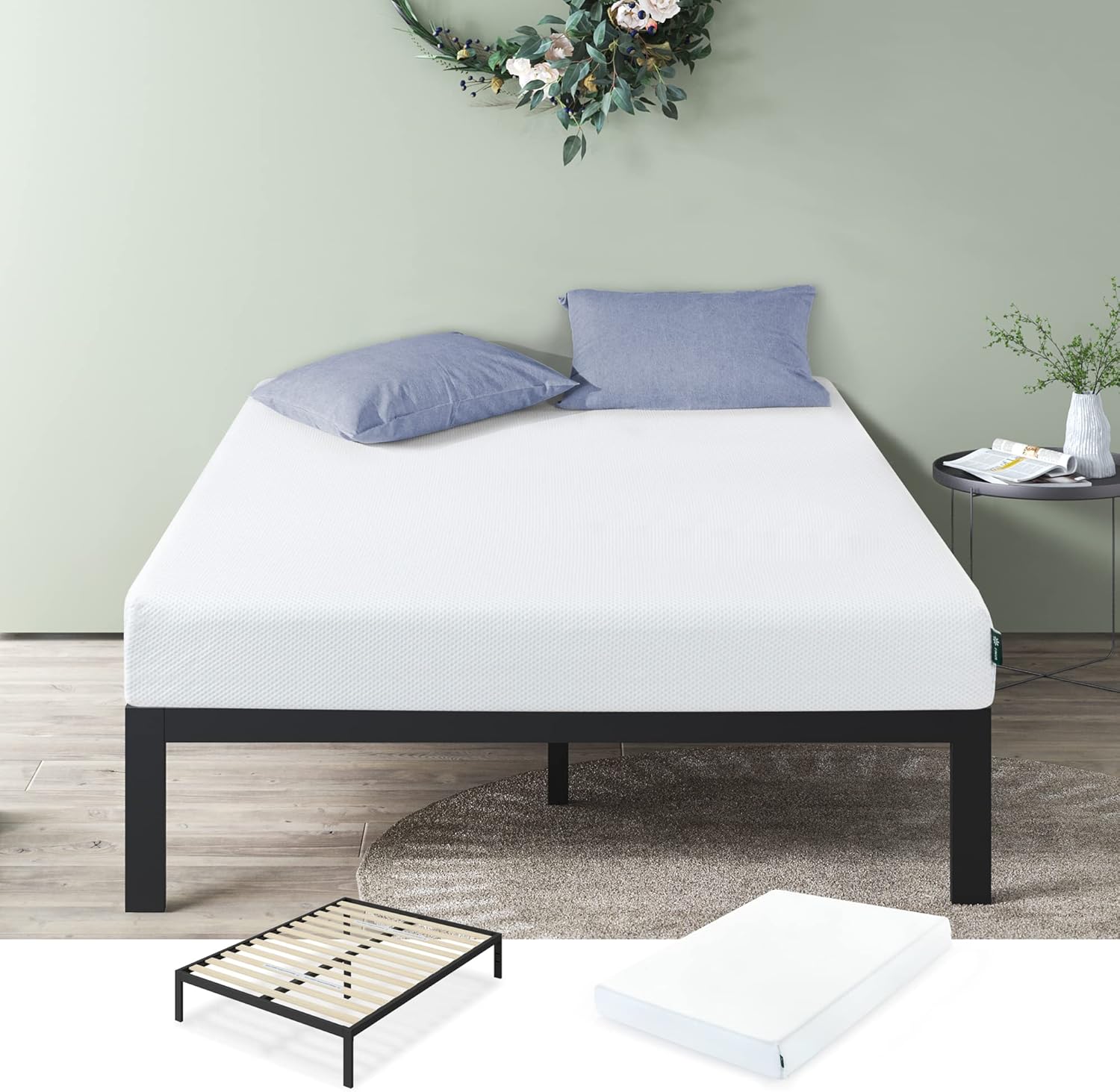 Mia Metal Platform Bed Frame with Green Tea Memory Foam Mattress