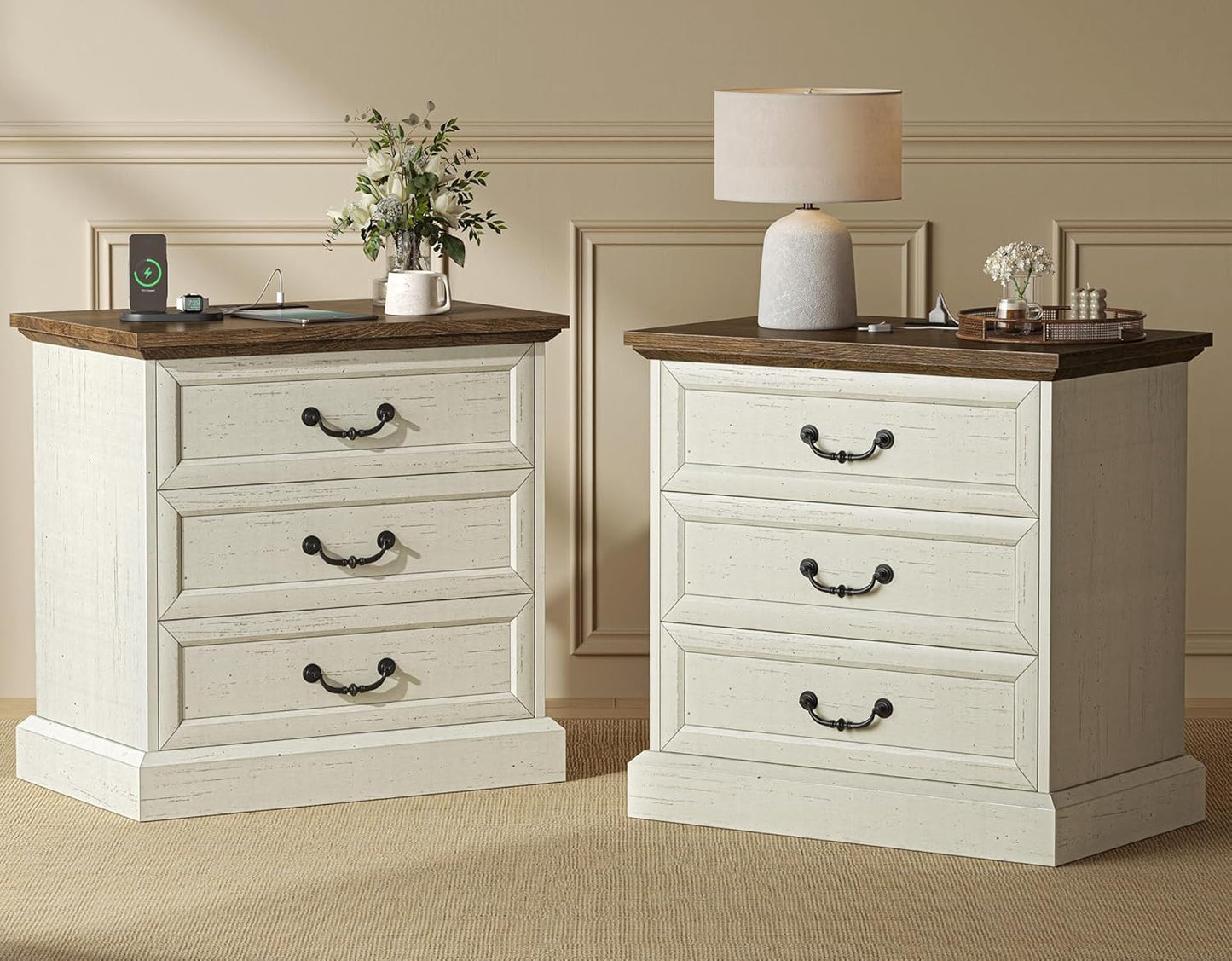 Huuger Nightstand with Charging Station and 3 Drawers for Bedroom