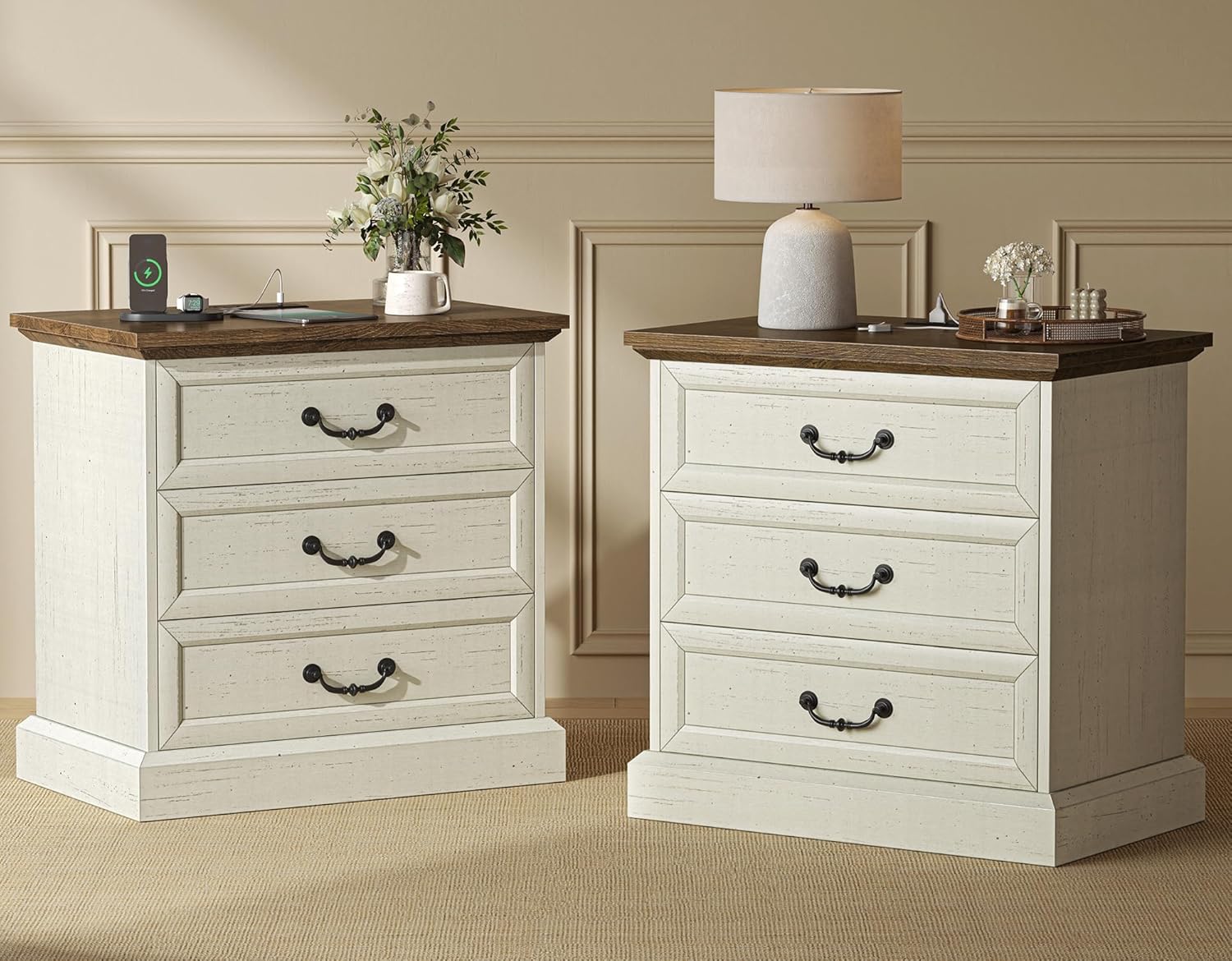 Huuger Nightstand with Charging Station and 3 Drawers for Bedroom