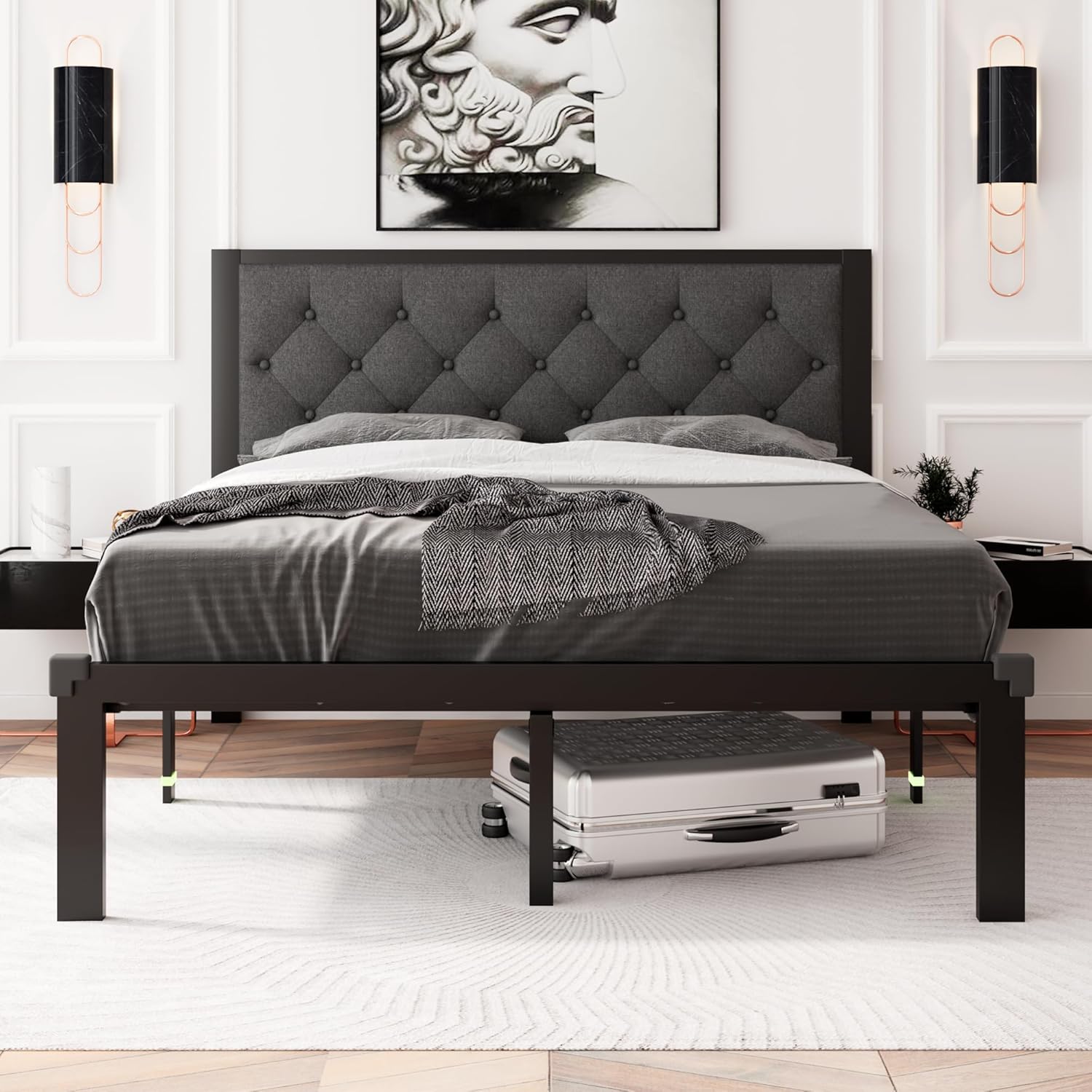 Feonase Full Size Metal Bed Frame with Upholstered Headboard