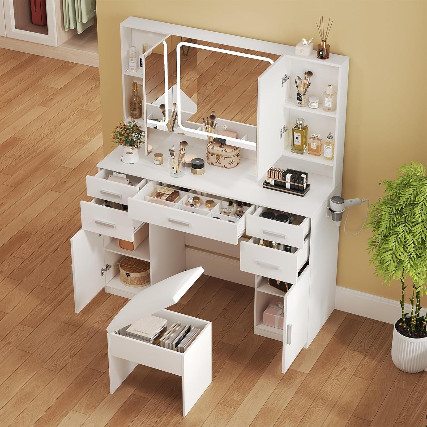 Tri-Fold Mirror Vanity Set with Lights, 7 Drawers, White