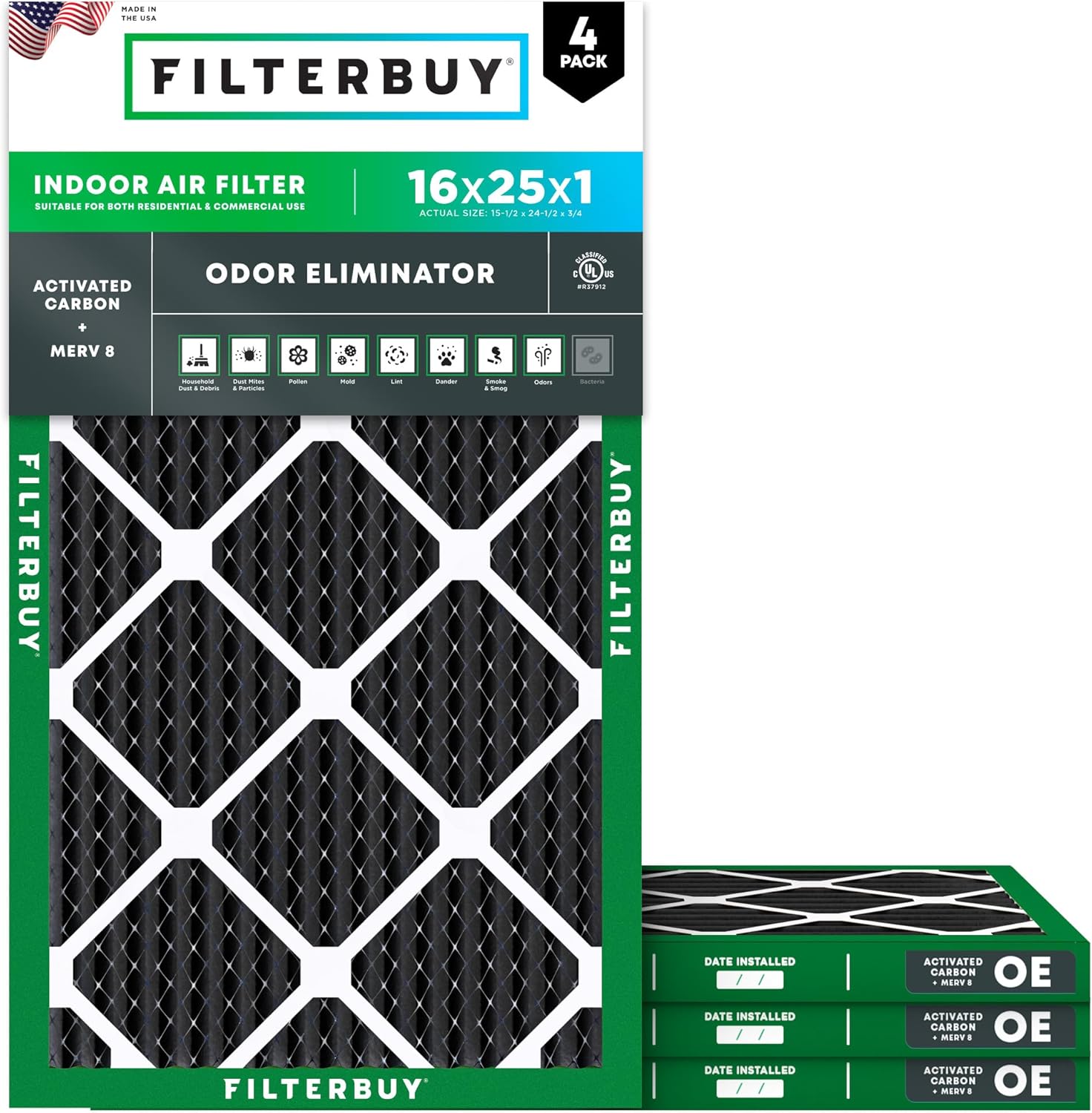 Filterbuy 16x25x1 Air Filter MERV 8 for Odor & Allergy Defense