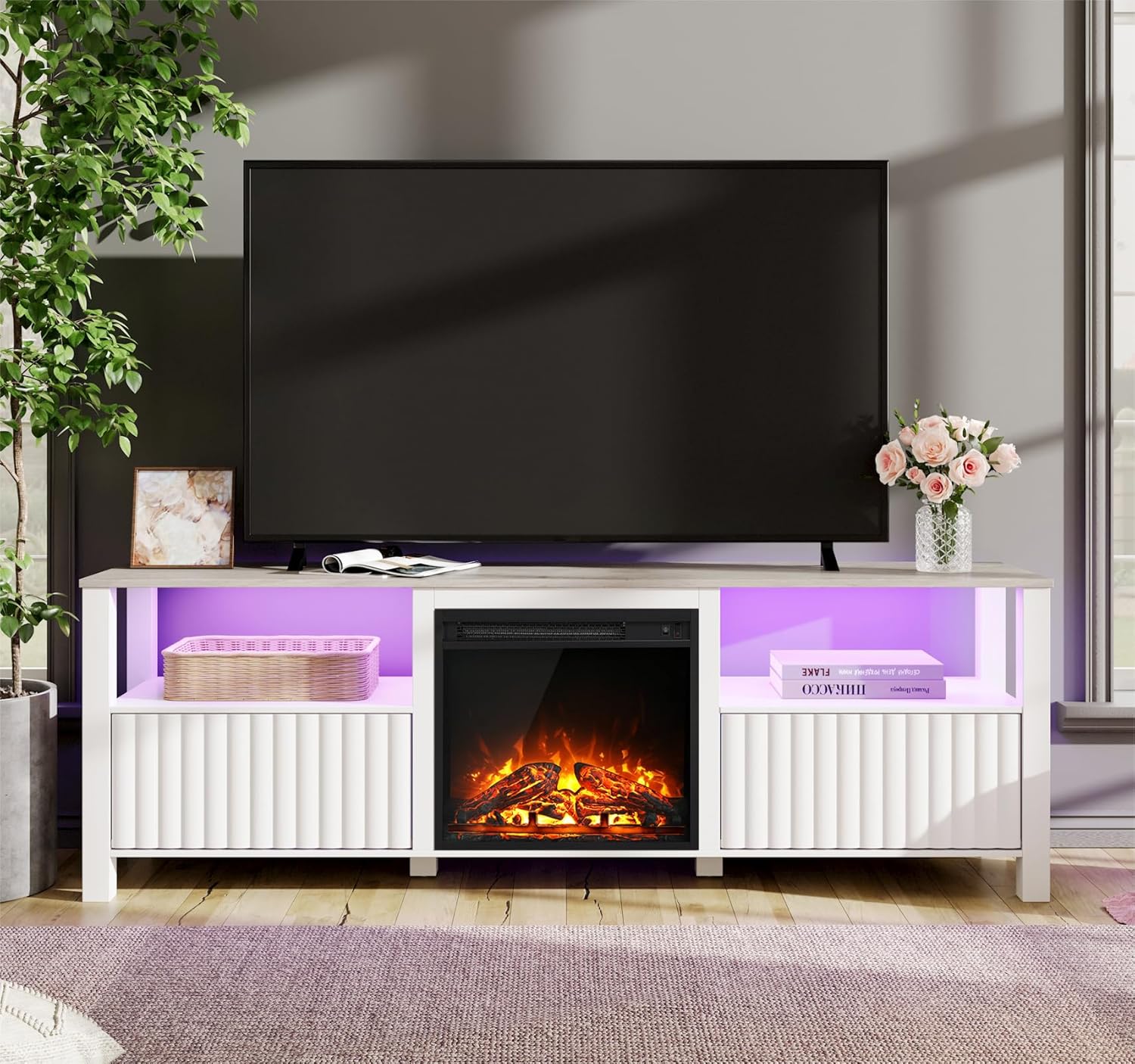 FITUEYES 70 Electric Fireplace TV Stand - White