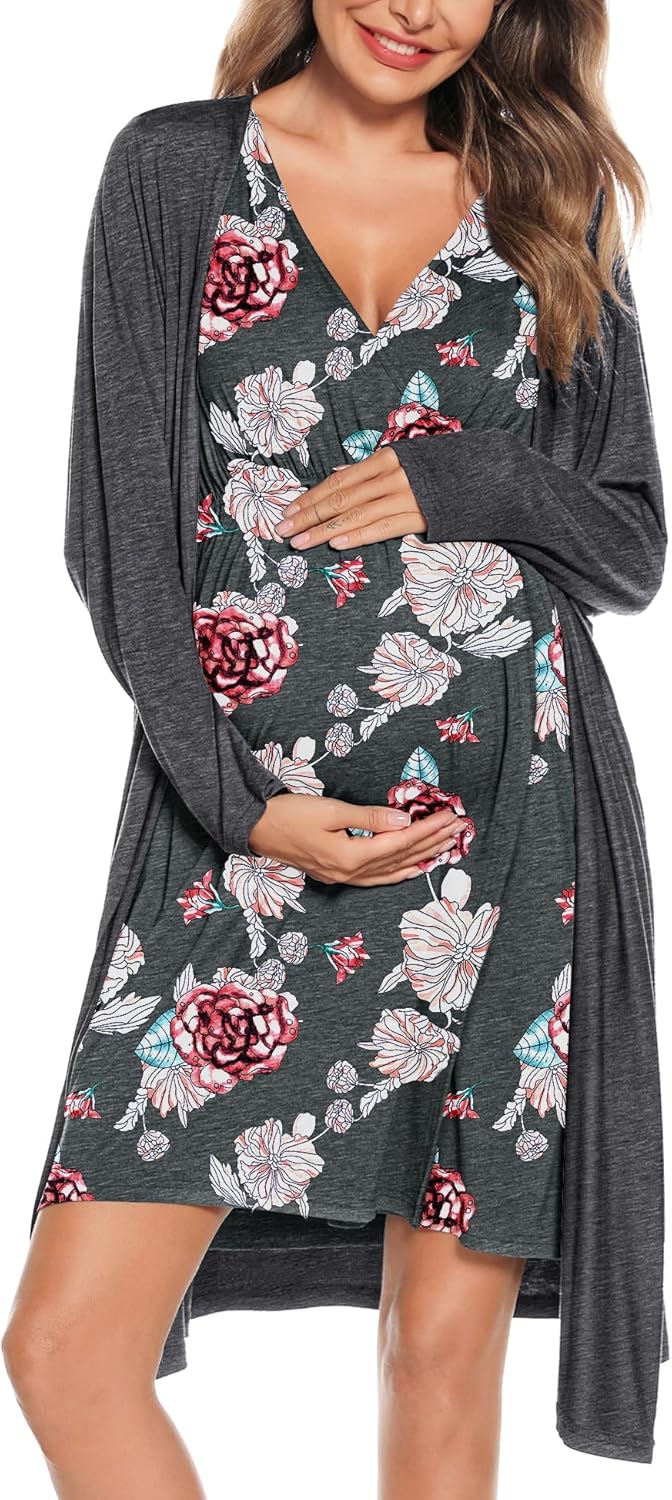 SWOMOG Women Maternity Nursing Gown and Robe Set for Comfort