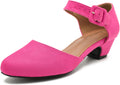 Womens Pink Suede Ankle Strap Low Chunky Heel Pumps - Comfortable Work