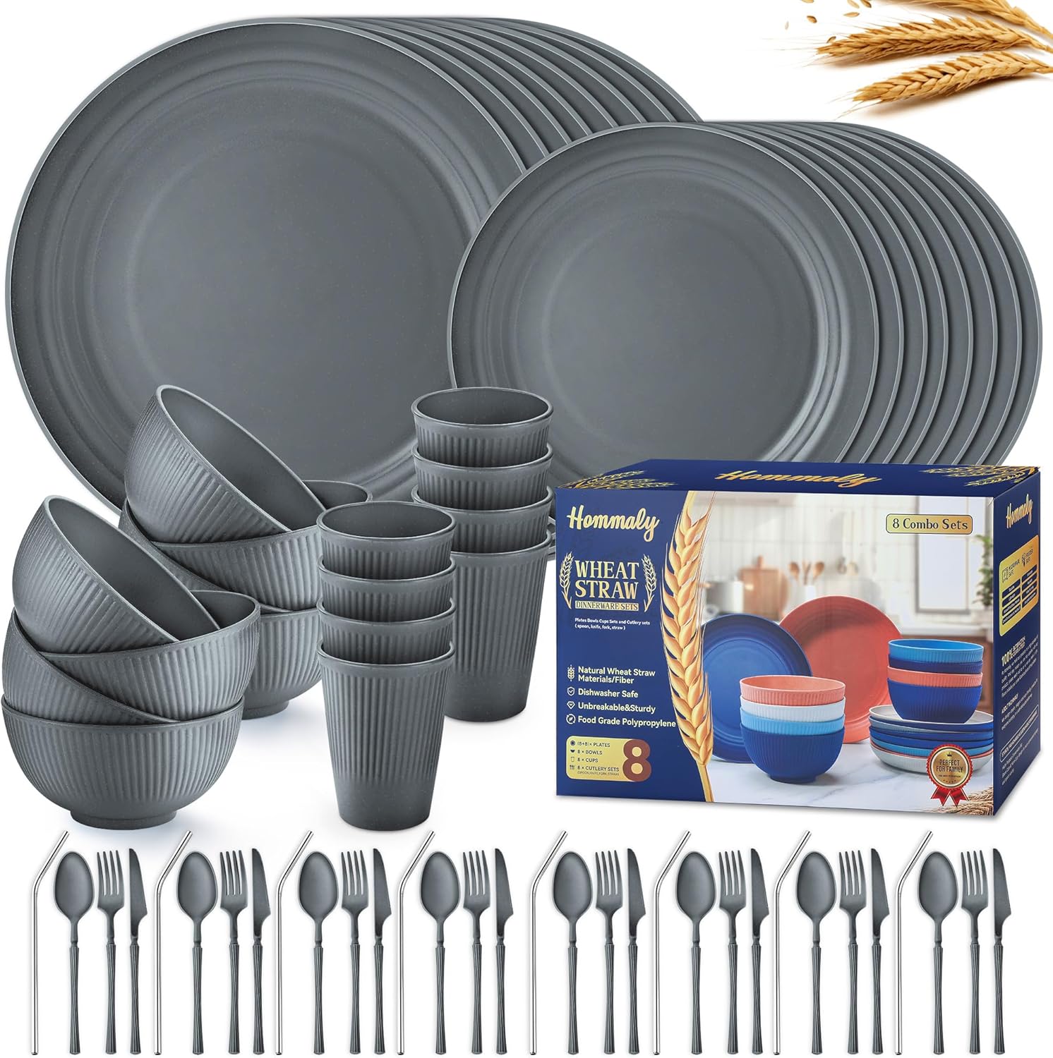 Wheat Straw Dinnerware Sets - Unbreakable 64-Piece Set for 8