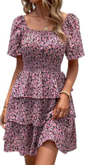 Women's Floral Summer Short Dress Square Neck Ruffle - Flattering Fit