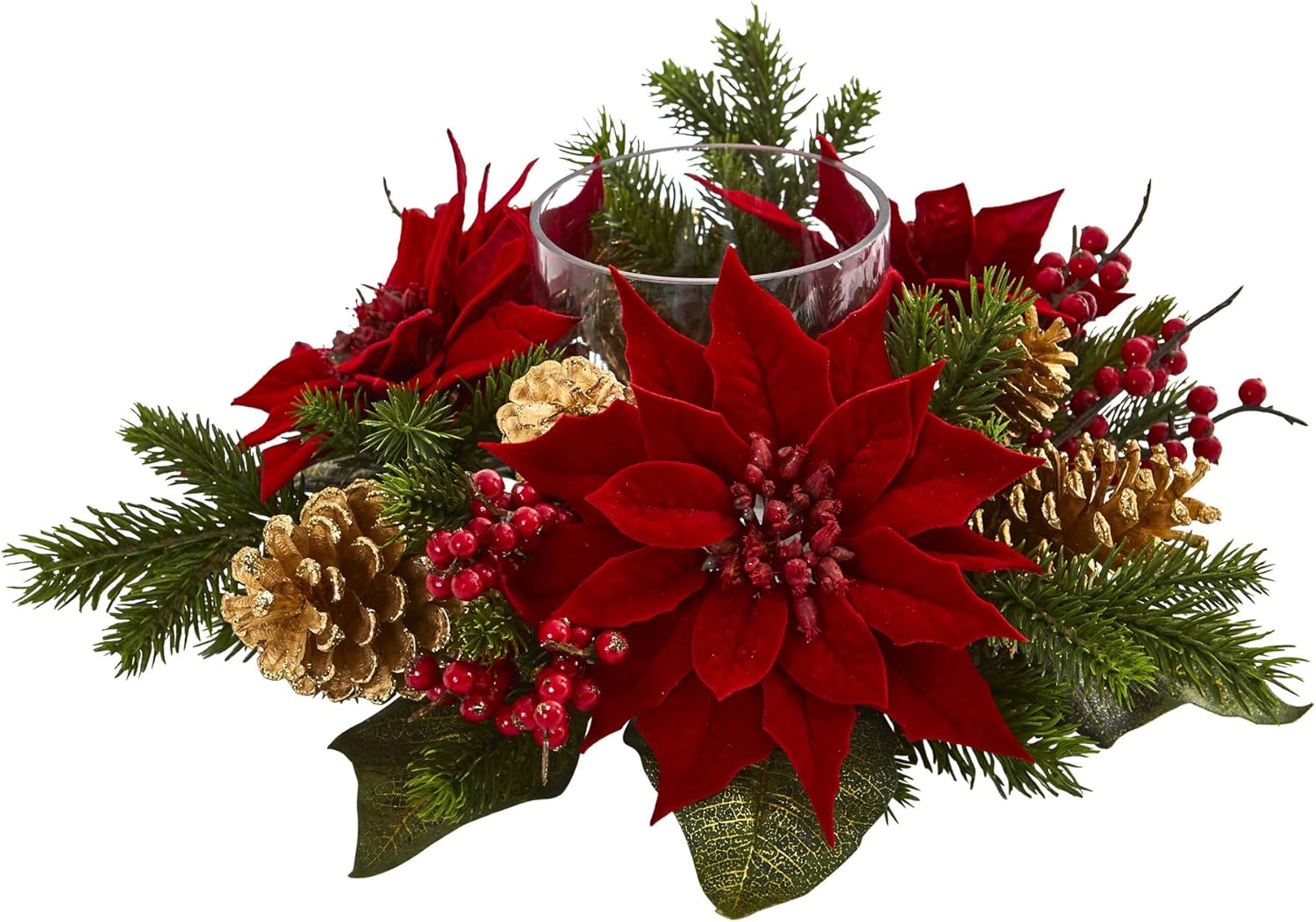 Nearly Natural Poinsettia Berry and Pine Cone Candelabrum Decor