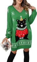 Women's Ugly Christmas V Neck Oversize Sweater Dress - Cozy Holiday
