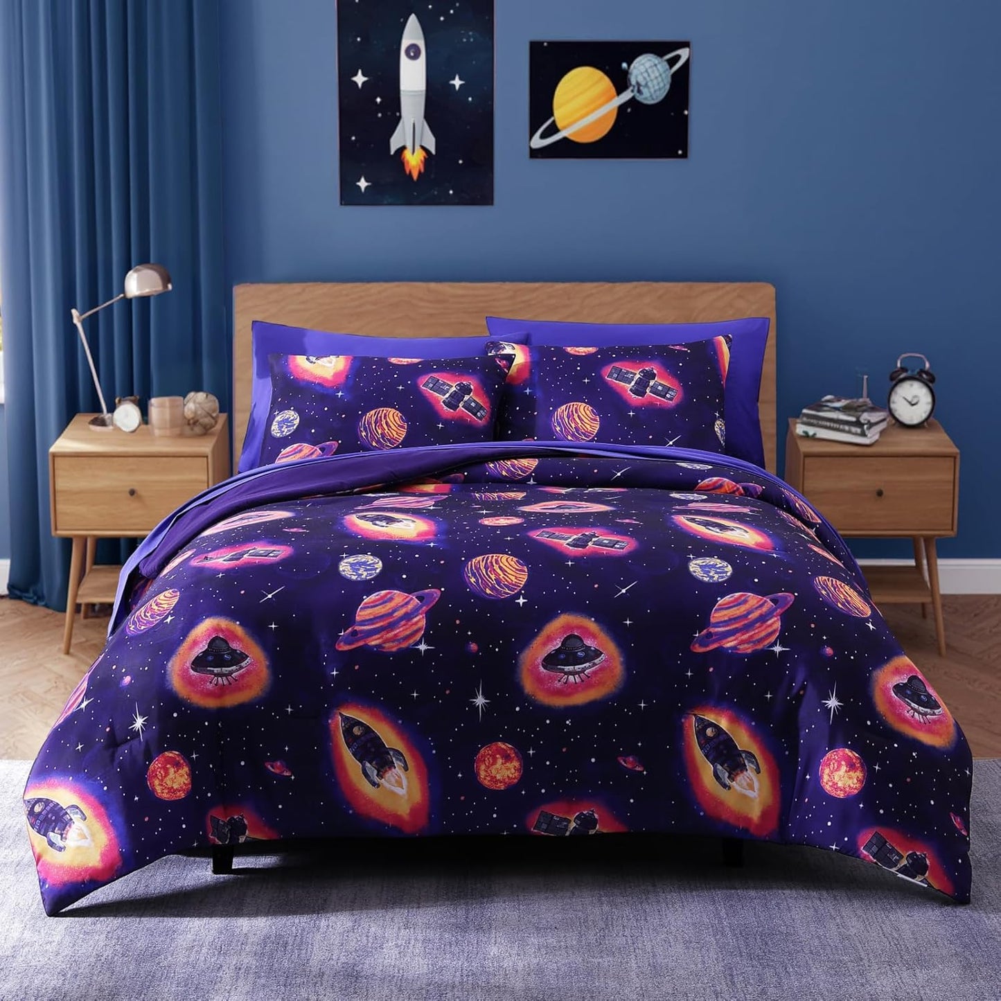 Twin Kids Comforter Set - Outer Space Rocket Design Bedding