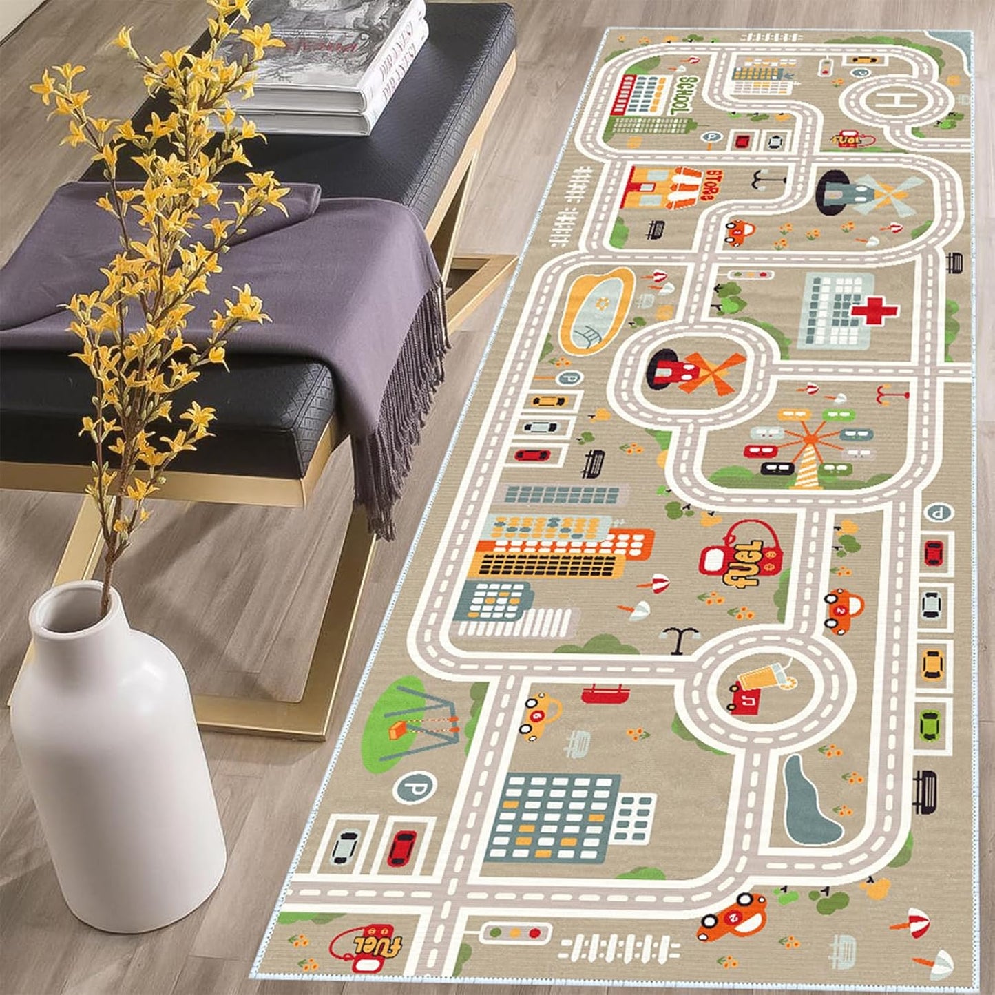 Kids Car Train Rug for Playroom and Bedroom, Non Slip Backing
