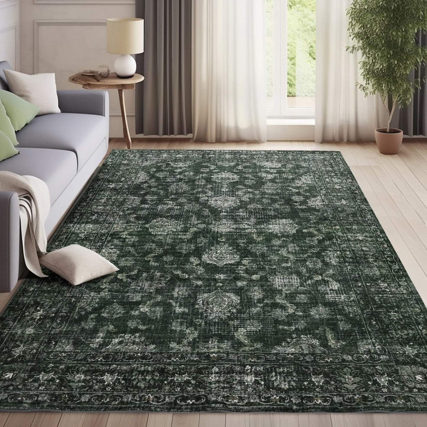 Vintage Boho Green Area Rug 5x7 - Non Slip & Washable