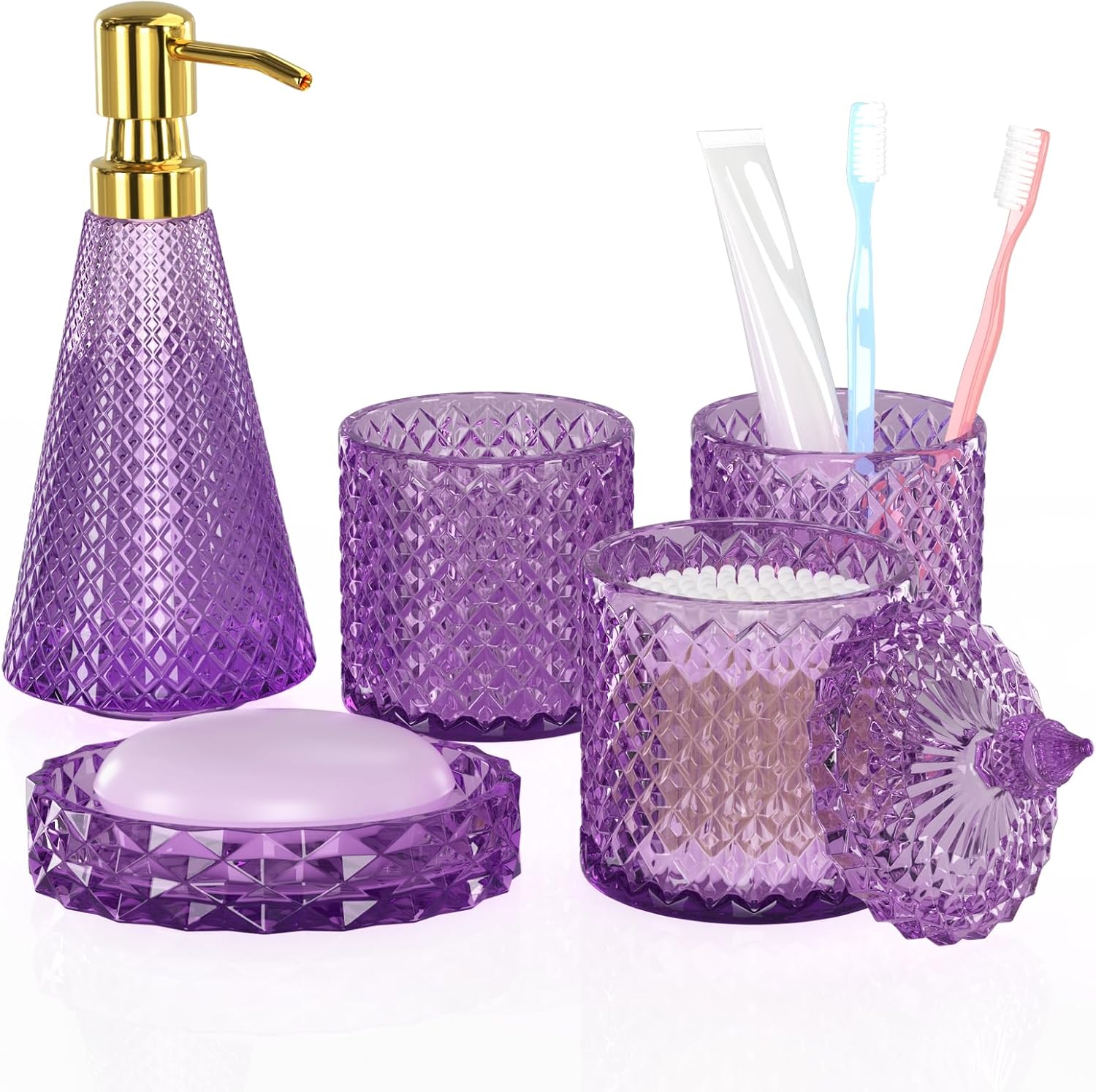 Purple Bathroom Accessories Set - Elegant 5 Pcs Glass Decor