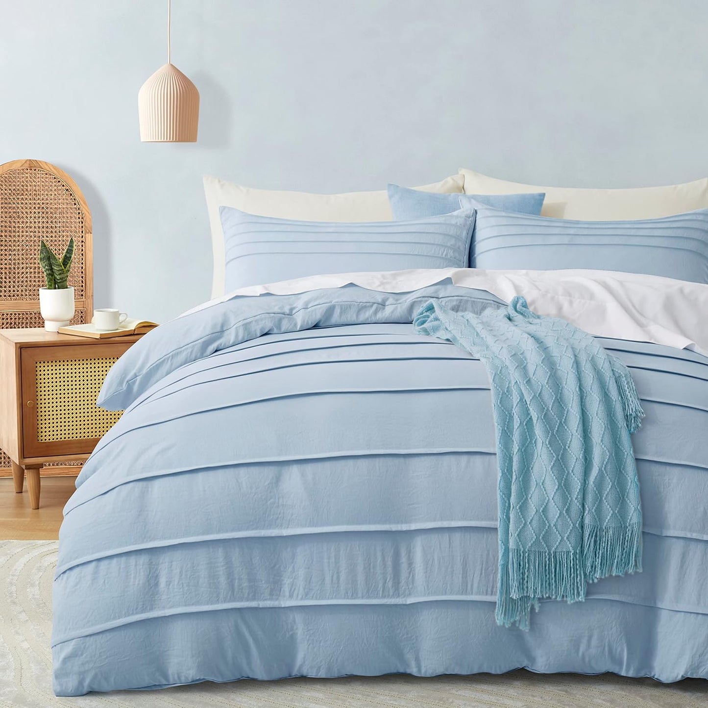 Airy Blue Duvet Cover King Size - Pleated Bedding Set 3PCS