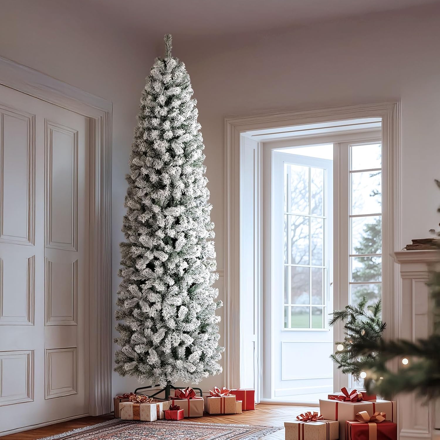 7.5Ft Snow Flocked Pencil Christmas Tree for Holiday Decor