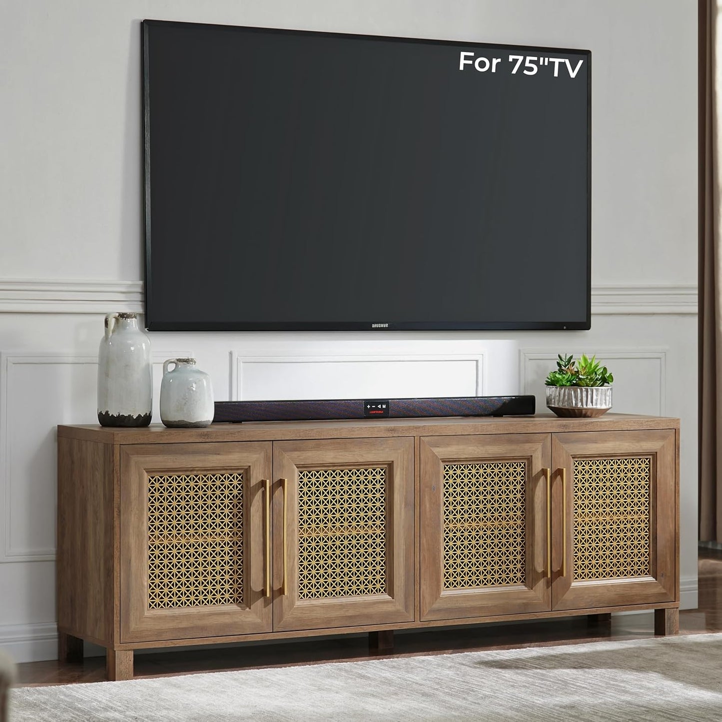 Boho Style 75 TV Stand with Storage Cabinet - Rustic Oak