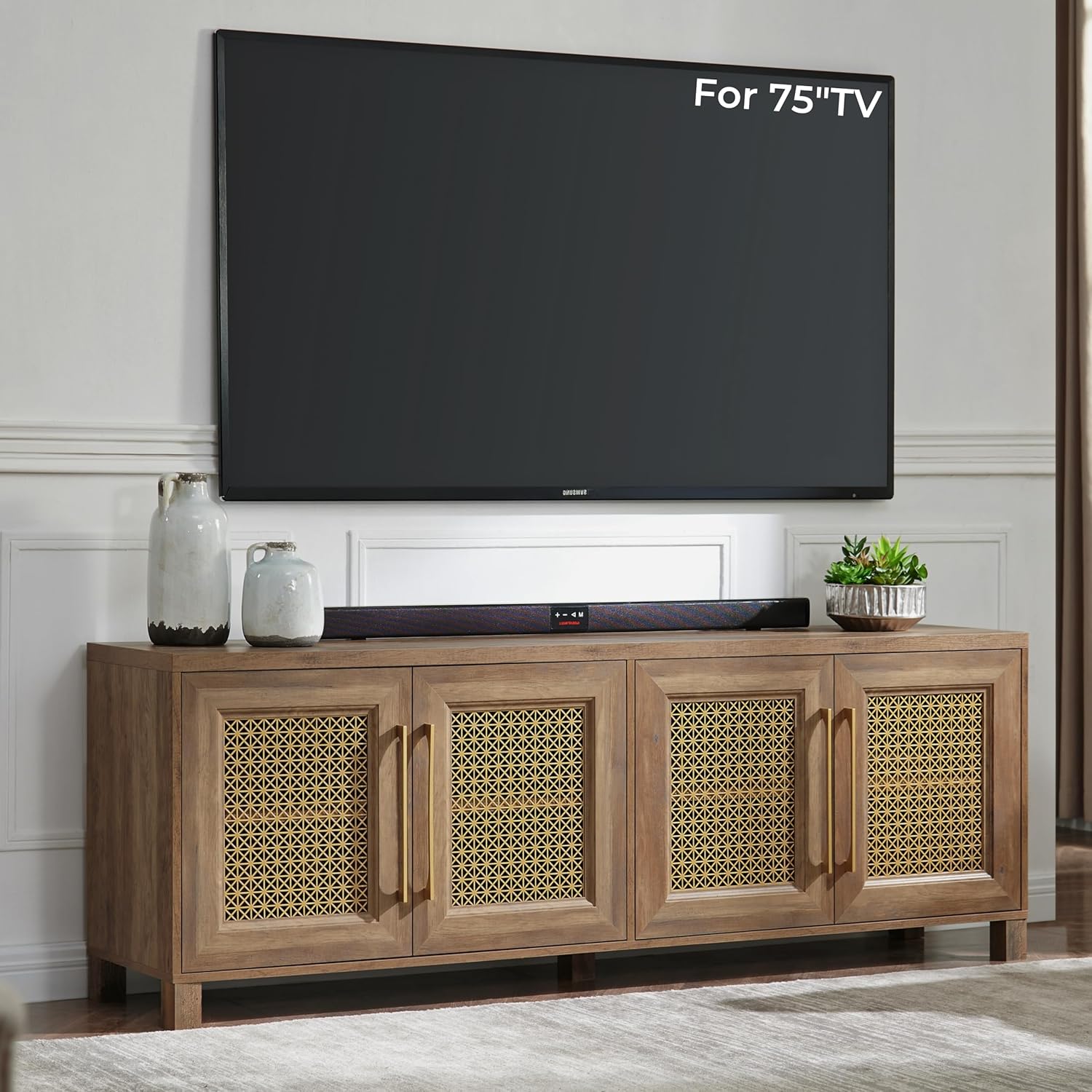 Boho Style 75 TV Stand with Storage Cabinet - Rustic Oak