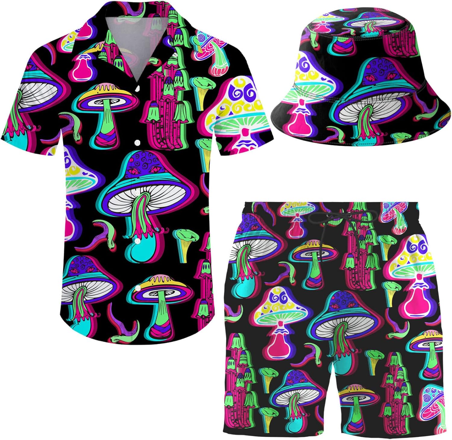 Men's Hawaiian Shirt and Shorts Set with Bucket Hat for Summer
