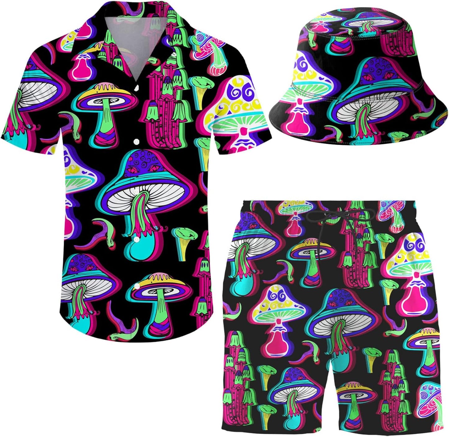 Men's Hawaiian Shirt and Shorts Set with Bucket Hat for Summer