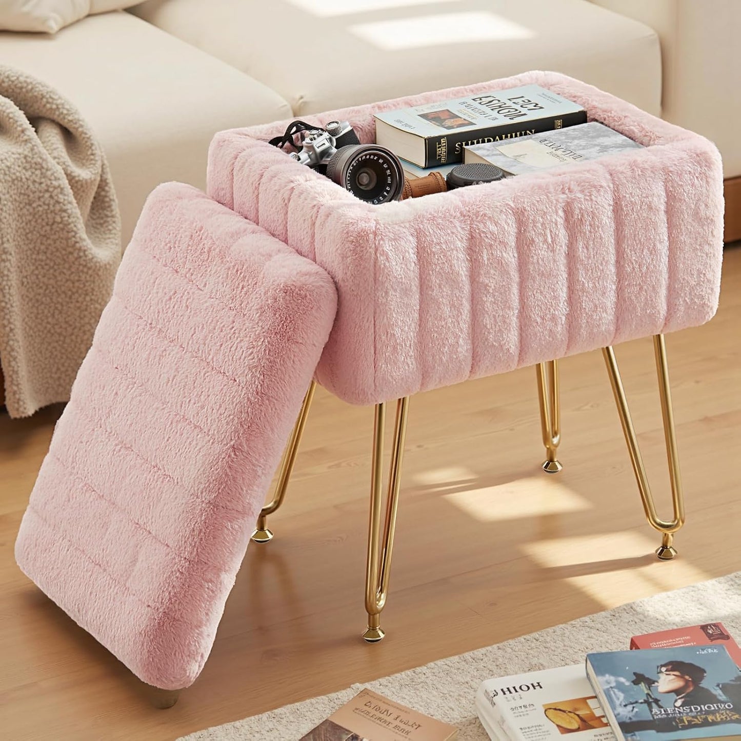 DUMOS Vanity Stool Chair Ottoman with Storage in Pure Pink